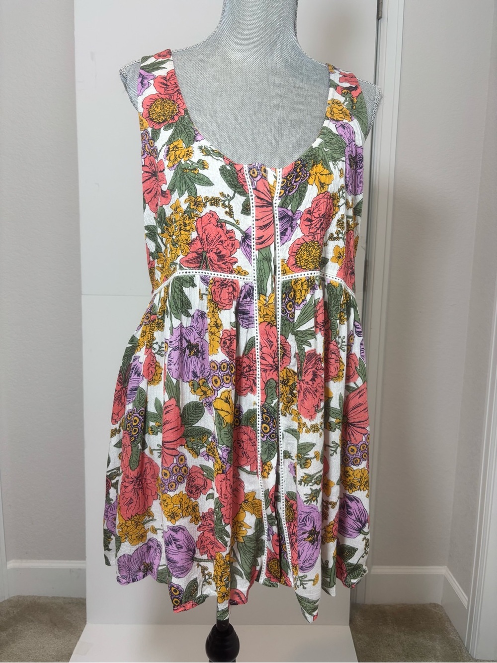 Anthropologie Floral Coral, Lavender, Mustard & Green Tunic Medium NWT